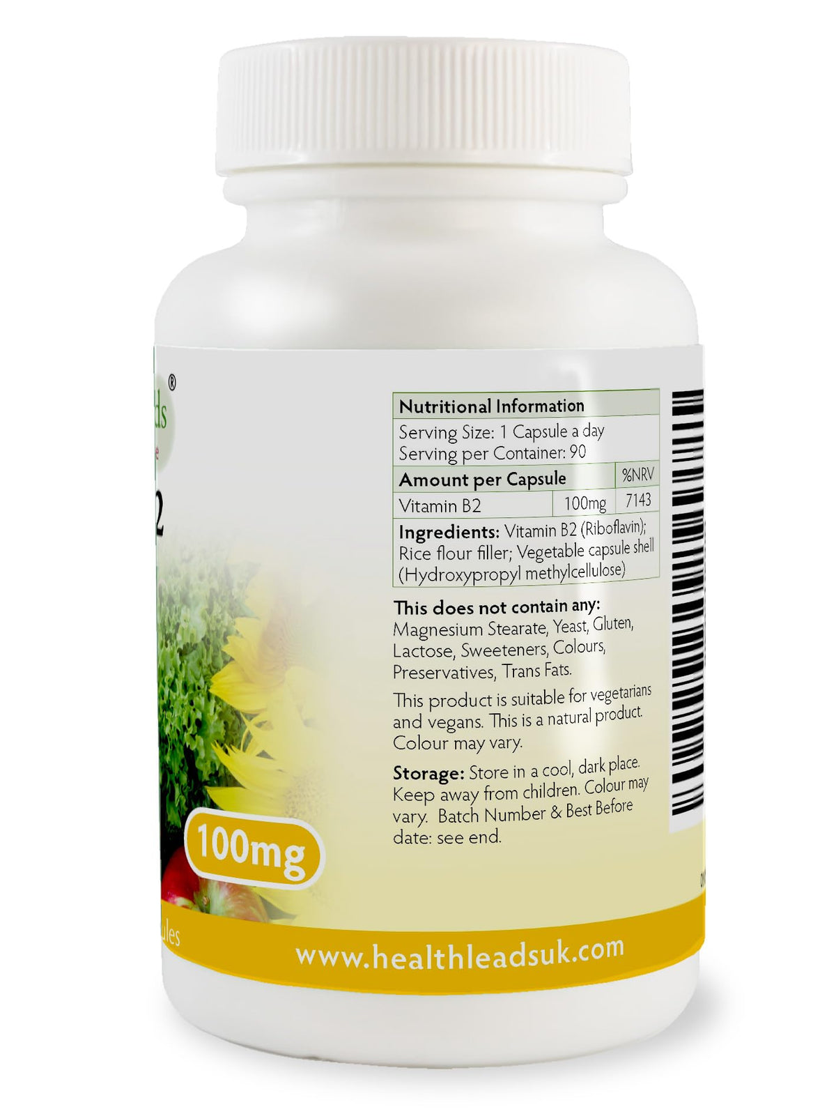 Health Leads ...Working With Nature Vitamin B2 100mg x 90 Capsules, Magnesium Stearate Free & No Nasty Additives, No-GMO, Vegan, Riboflavin Helps with Tiredness and Fatigue, Supports Energy Levels, Made in Wales