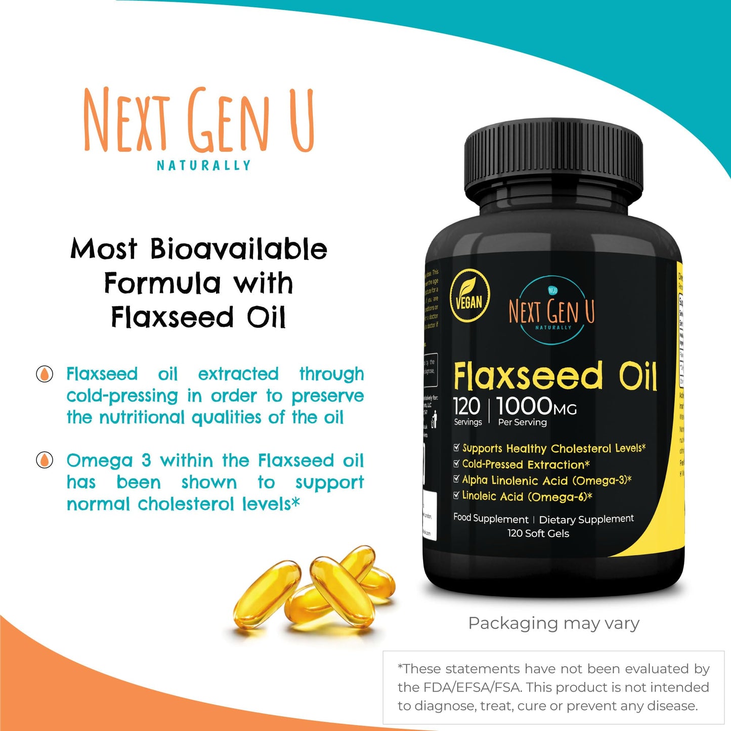 NGU Next Gen U Flaxseed Oil Capsules - 1000 mg - 120 Vegan Soft Gels - High in Omega 3, 6, 9 - Cold Pressed Flax Seed Formula - 4 Months Supply - by NextGenU