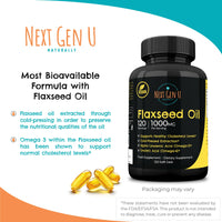NGU Next Gen U Flaxseed Oil Capsules - 1000 mg - 120 Vegan Soft Gels - High in Omega 3, 6, 9 - Cold Pressed Flax Seed Formula - 4 Months Supply - by NextGenU