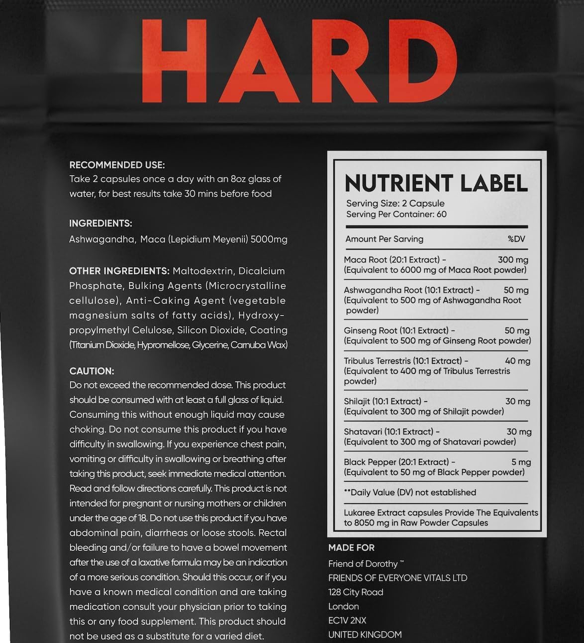 FRIEND OF DOROTHY – All Natural Hard Supplement – Enhances Endurance - Hard for Longer - 60 Vegetarian Capsules in a Pouch