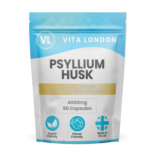 Psyllium Husk Capsules 4000mg | Fibre Supplement with Acidophilus Probiotic | 60 Capsule for Men & Women (Not Powder or Tablets) | Vegan, UK Made