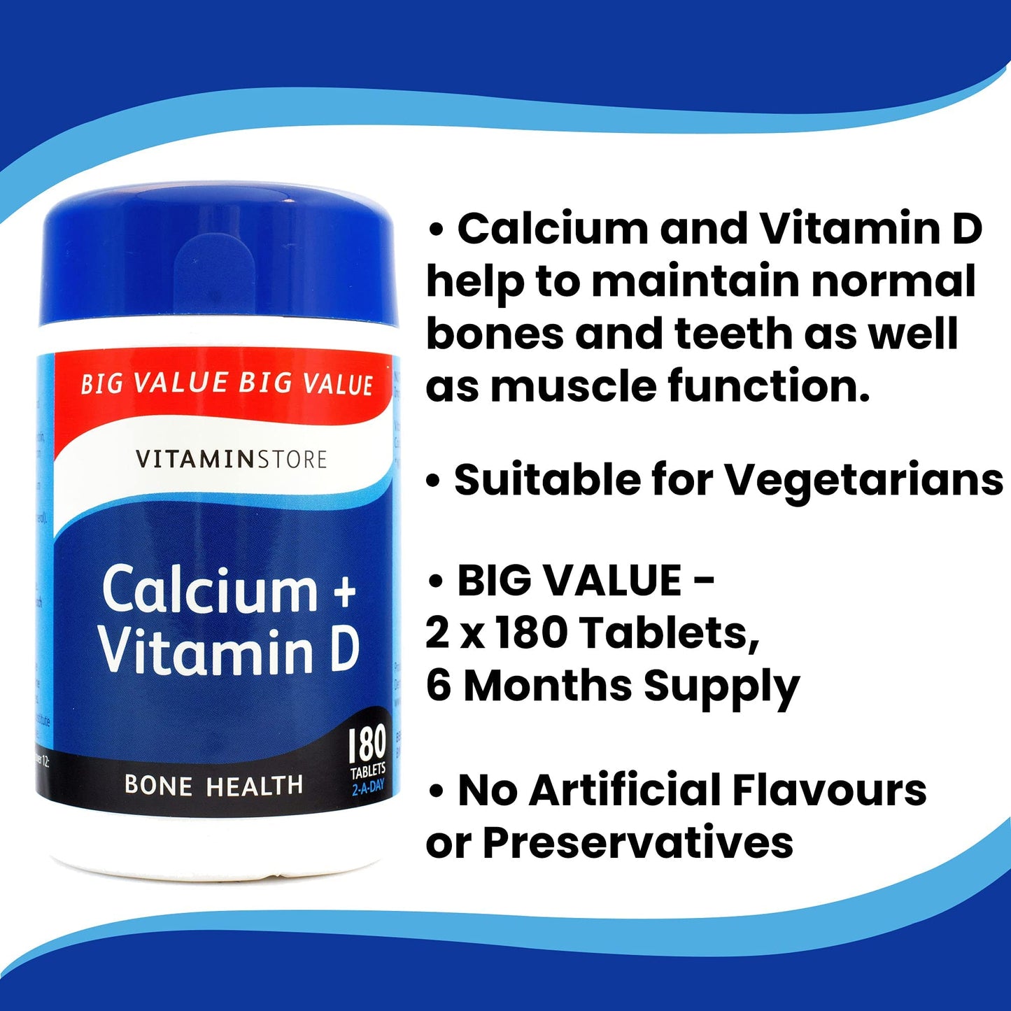 Vitamin Store Calcium + Vitamin D Food Supplement, 180 Tablets per Tub, Pack of 2 Tubs, 6 Months Supply