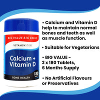 Vitamin Store Calcium + Vitamin D Food Supplement, 180 Tablets per Tub, Pack of 2 Tubs, 6 Months Supply