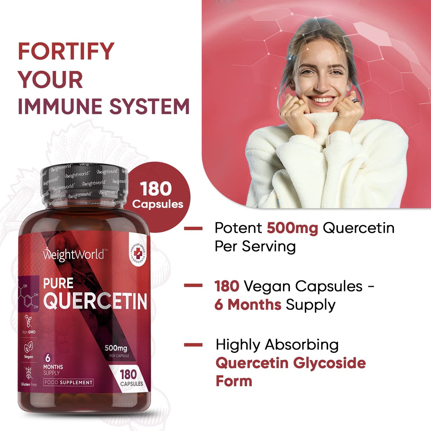 Pure Quercetin Capsules - 6 Months Supply (180 Vegan Quercetin Powder Capsules) - High Strength Quercetin Supplement - Offers Better Absorption & Effectiveness - Natural Immunity Supplement