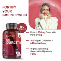 Pure Quercetin Capsules - 6 Months Supply (180 Vegan Quercetin Powder Capsules) - High Strength Quercetin Supplement - Offers Better Absorption & Effectiveness - Natural Immunity Supplement