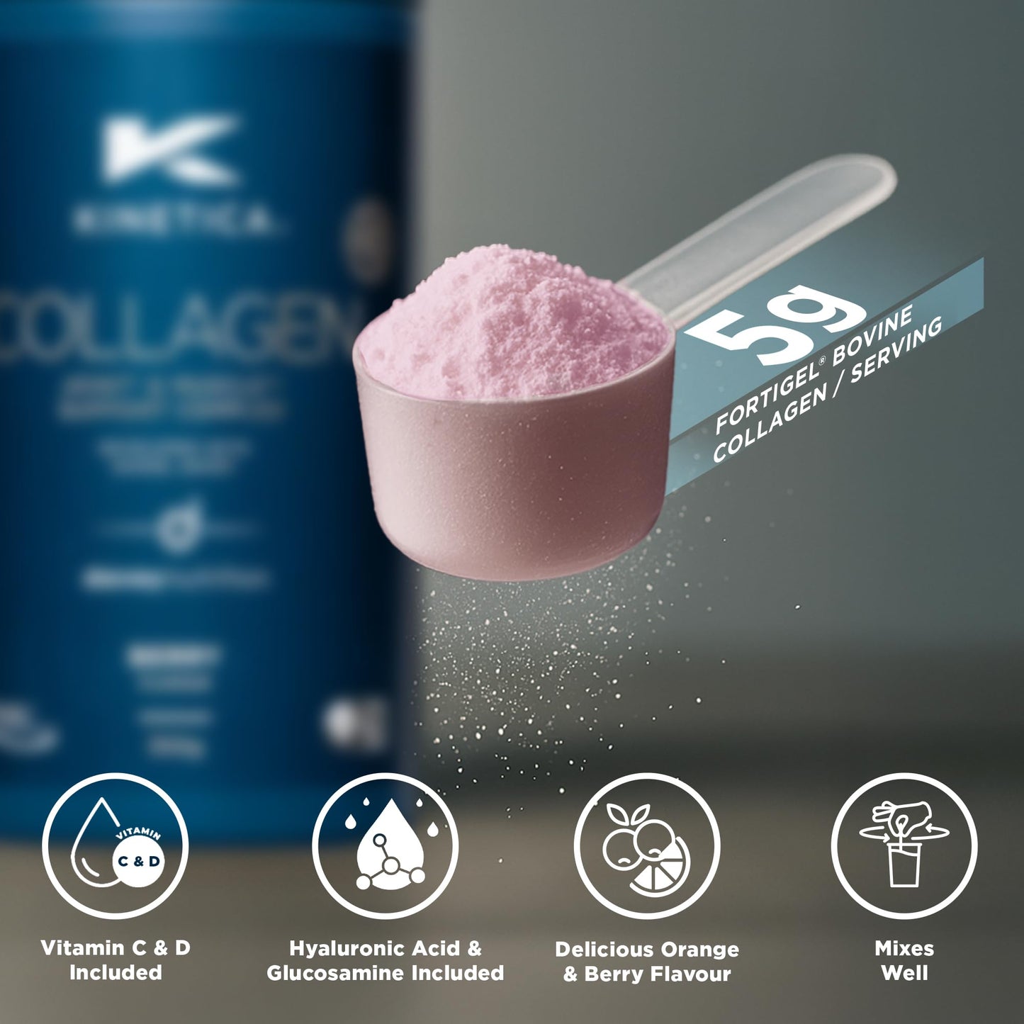 Kinetica Sports Collagen Powder - Berry Flavour | 350g | 5g FORTIGEL Bovine Collagen/Serve, 320mg Vitamin C, 5μg Vitamin D, 100mg Hyaluronic Acid & 500mg Glucosamine Sulphate | Joint & Muscle Support