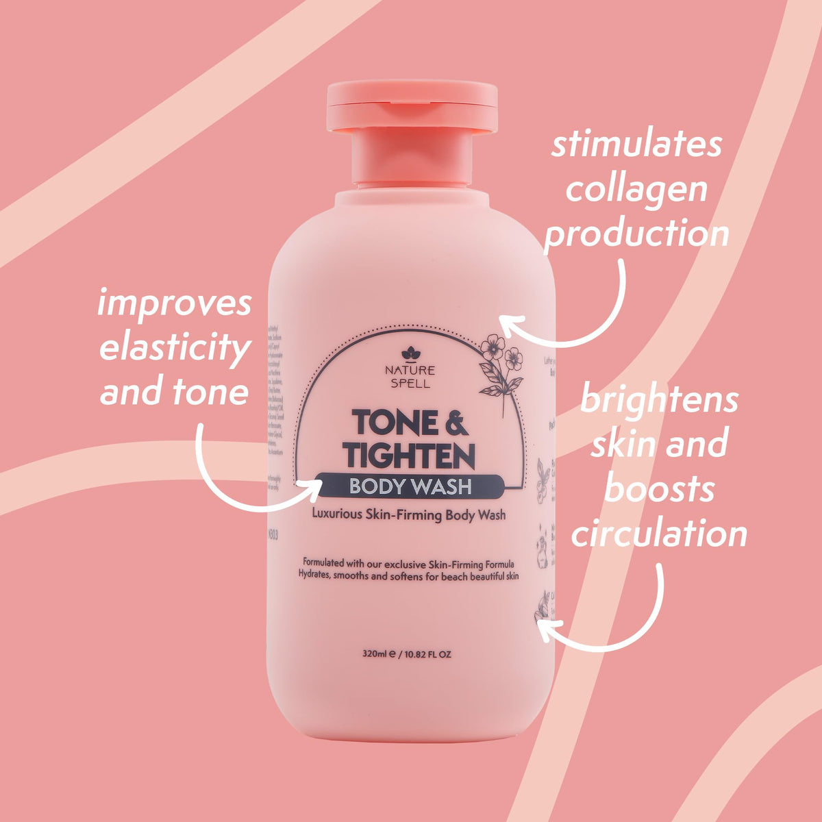 Nature Spell Tone & Tightening Body Wash, Firming Shower Gel for Improved Skin Elasticity, Infused with Hyaluronic Acid, Plant Collagen & Ginseng, Vegan, 320ml