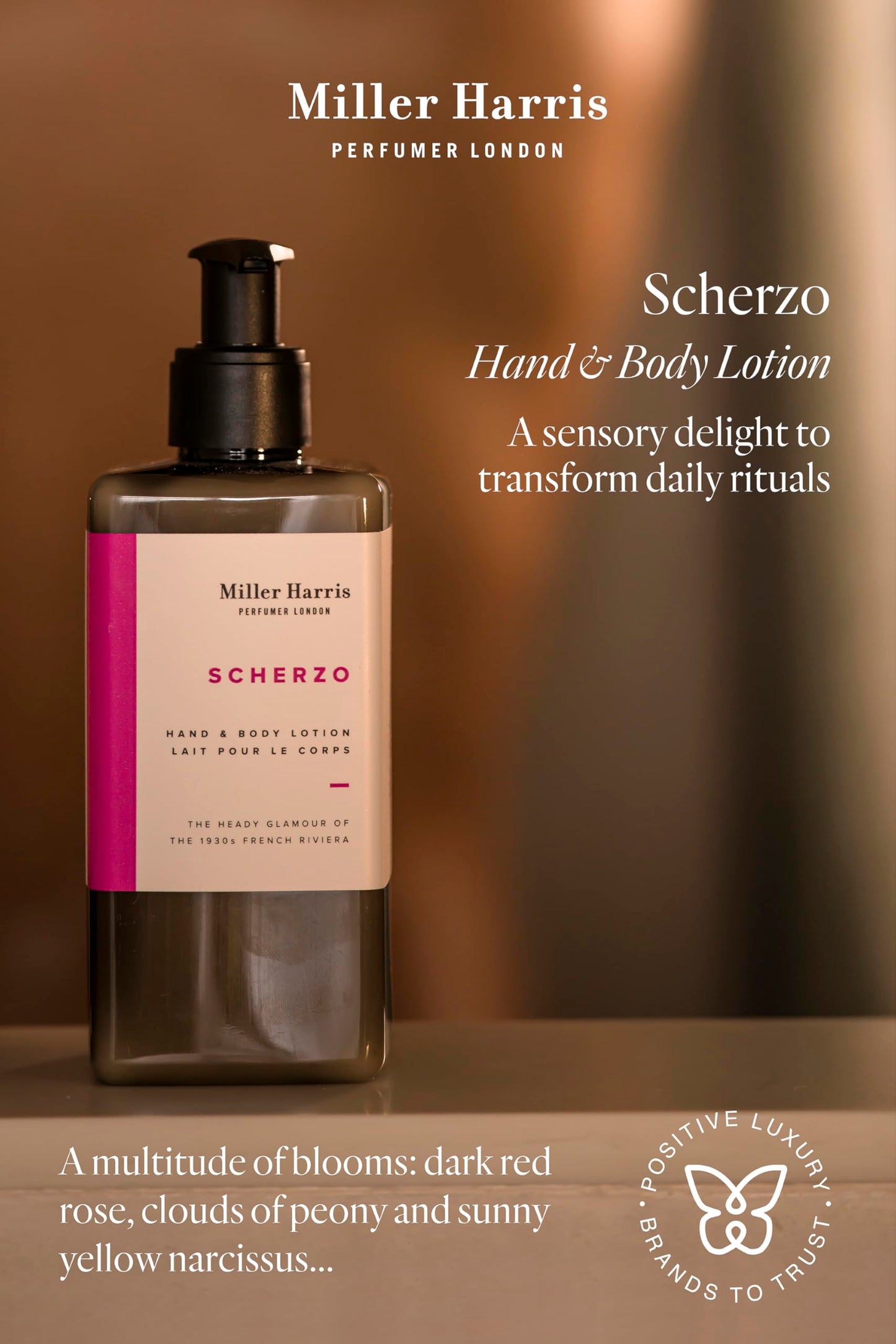 Miller Harris Scherzo Hand and Body Lotion 300ml – Shea Butter, Argan Oil, Glycerin, Aloe Vera & Vitamin B5 | Bold & Vibrant Scent for Nourishing Skin