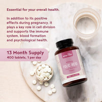 Folic Acid 400 mcg | 400 Vegan Vitamin B9 Tablets | Over 1 Year Supply | Pregnancy Care | Immune System & Growth of Maternal Tissue During Pregnancy | Alpha Foods
