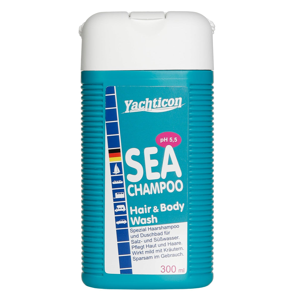 Yachticon Sea Champoo/Meerwasser Seife Shampoo, Schampon, Schampu 300 ml von pflegt entspannend von Wind Sonne Wasser beanspruchte Haut und Haare