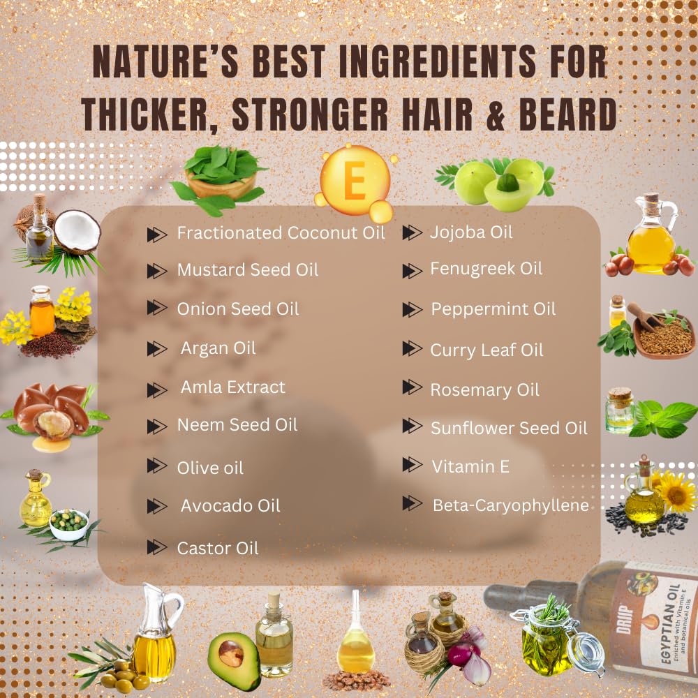 DRIIP Egyptian Hair & Beard Oil Treatment - Enriched with Vitamin E &14 Natural Oils with Biotin - Nourishing Strengthening & Conditioning Hair Growth Oil for Men & Women - Vegan Cruelty Free - 100ml