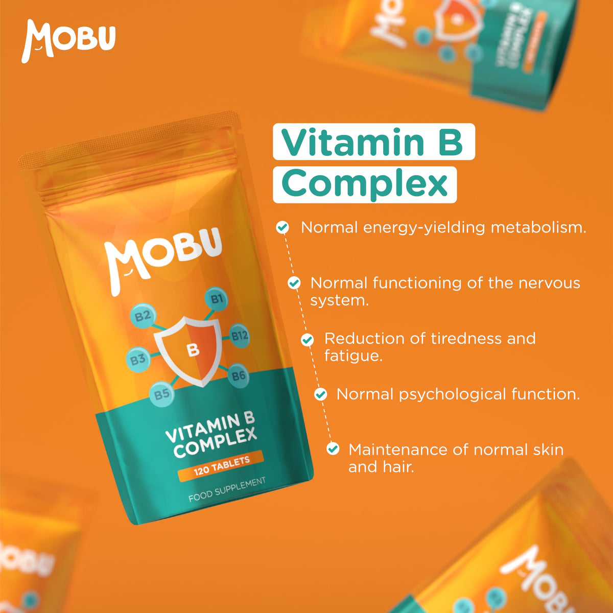 Vitamin B Complex 120 Tablets | Optimal Mix of All 8 Essential Vitamins B1, B2, B3, B5, B6, B12, Biotin & Folic Acid | B Vitamins Tiredness & Fatigue Support | Vegan UK Made | GMP Approved | MOBU UK