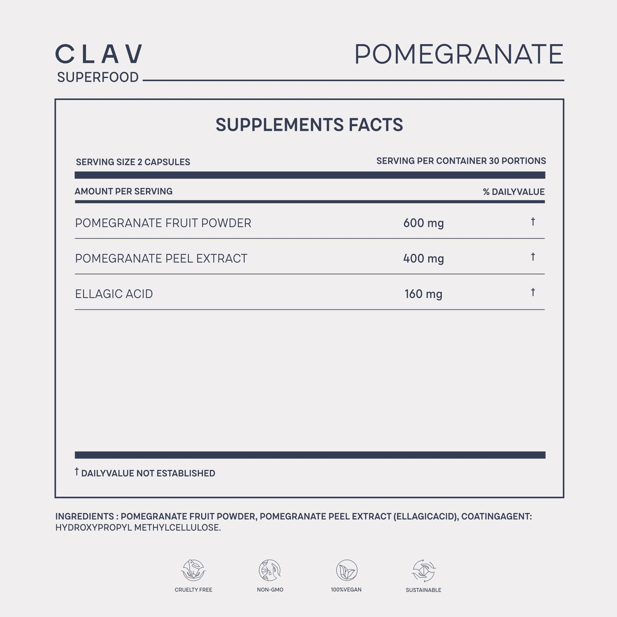 CLAV 1000mg Pomegranate Extract per Daily Dose | Rich in Polyphenols & 40% Ellagic Acid | 60 Capsules Vegan | Made in Germany