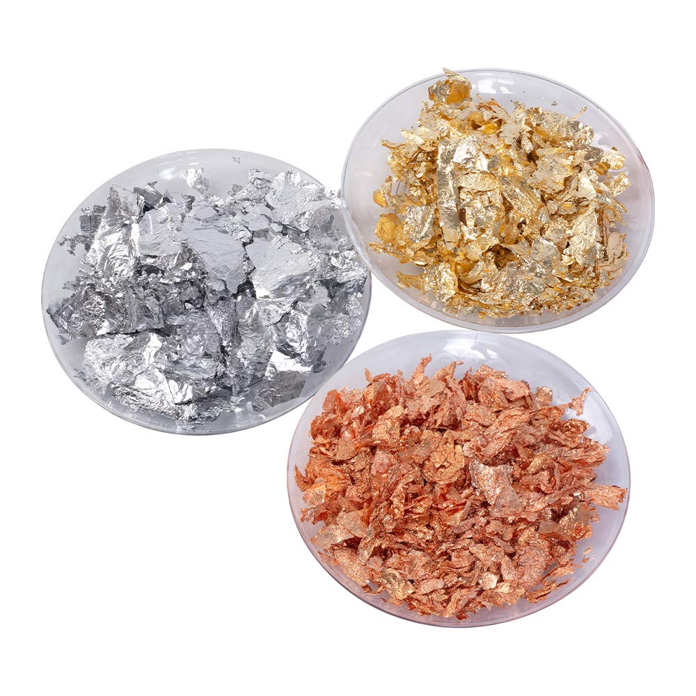 KINNO Gold Leaf Flakes, Gold Foil 3 Sets Gold Leaf for Nails, Art and Craft, Furniture, Gilding, Painting, Resin Jewelry(1g Copper Leaf Sheets + 1g Silver Leaf Sheets + 1g Rose Gold Sheets)