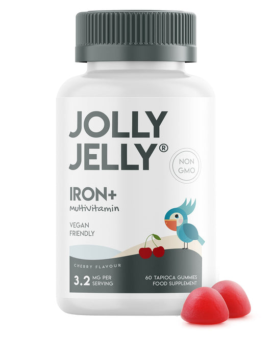 JOLLY JELLY Iron & Multivitamins Tapioca Gummies - 3200mcg - Potent Formula for Energy & Immunity, Made with Organic Tapioca, Cherry Flavour - Kosher, Halal, Non GMO - 60 Vegan Fruity Gummies.