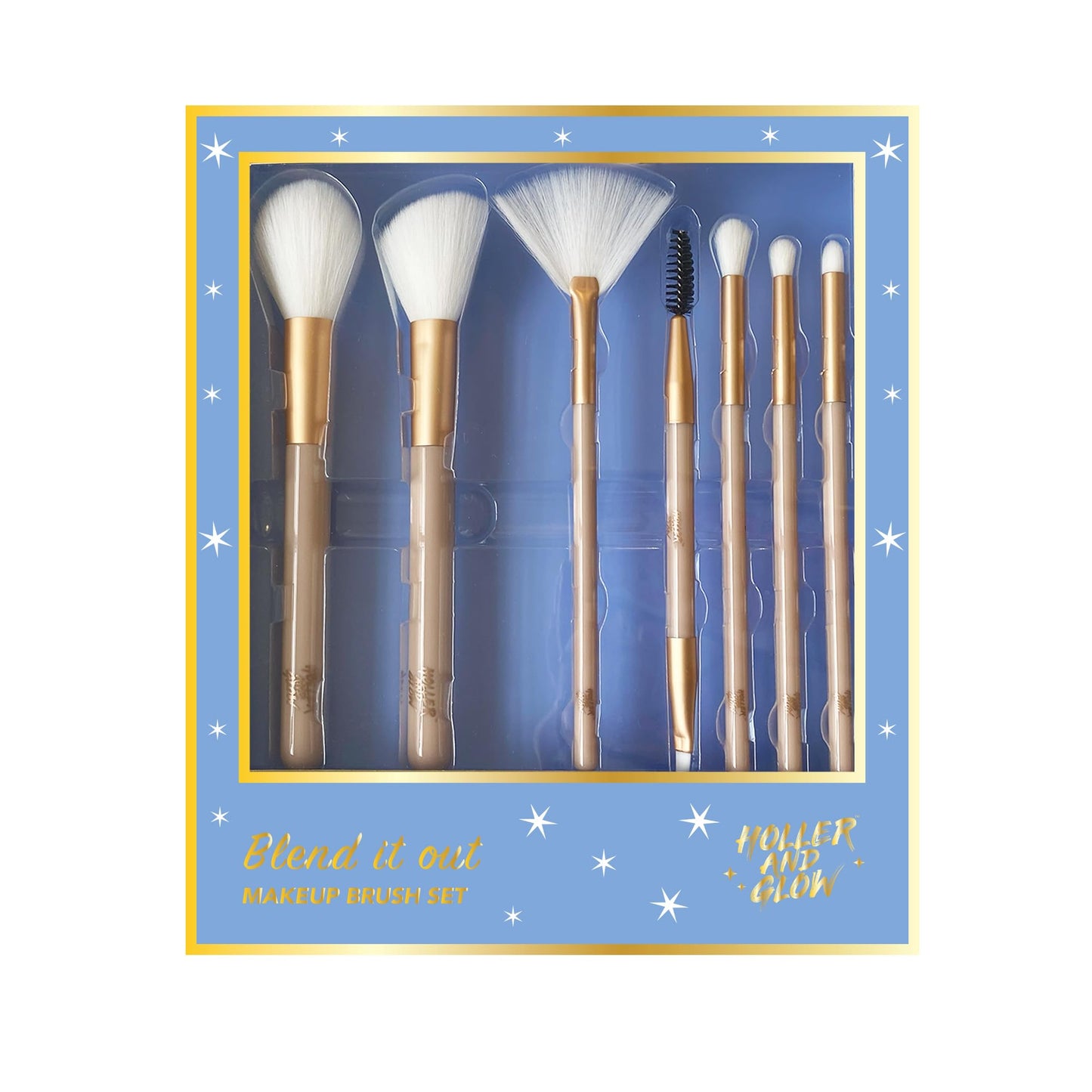 Holler & Glow Holler and Glow Blend It Out Makeup Brush 7-Piece Gift Set, Includes Face, Cheek, Fan, Angled Brow and Spoolie, Crease Blender Eyeshadow, Precision Eyeshadow and Crease Definer Eyeshadow Brush