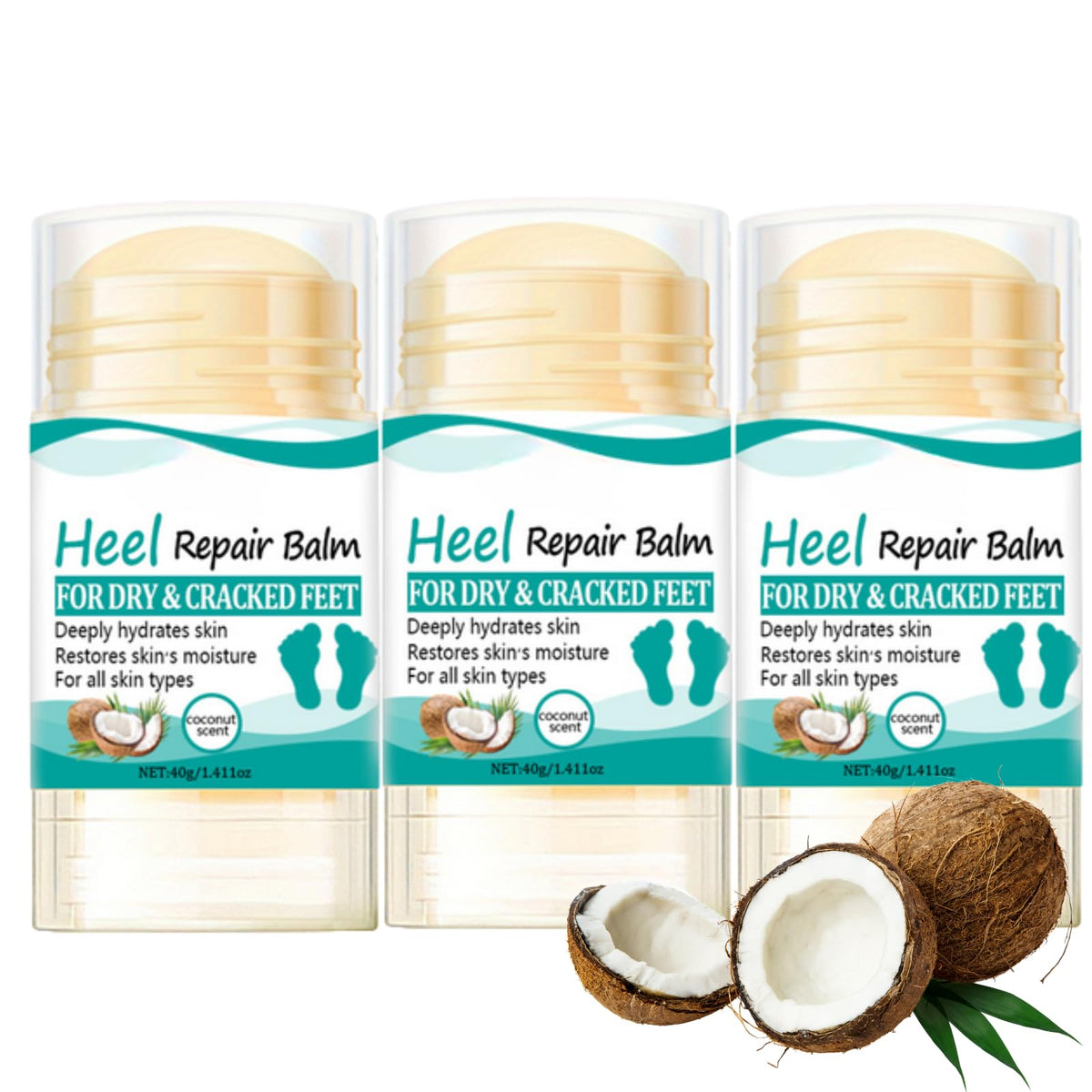TBeautfave 3PCS Heel Repair Balm - Coconut Oil Heel Balm Stick,Cracked Heel Repair Cream,Dry Skin Remover Feet, Foot Balm for Dry & Cracked,Deeply Hydrates Skin,Restores Skin Moisture,Foot Care