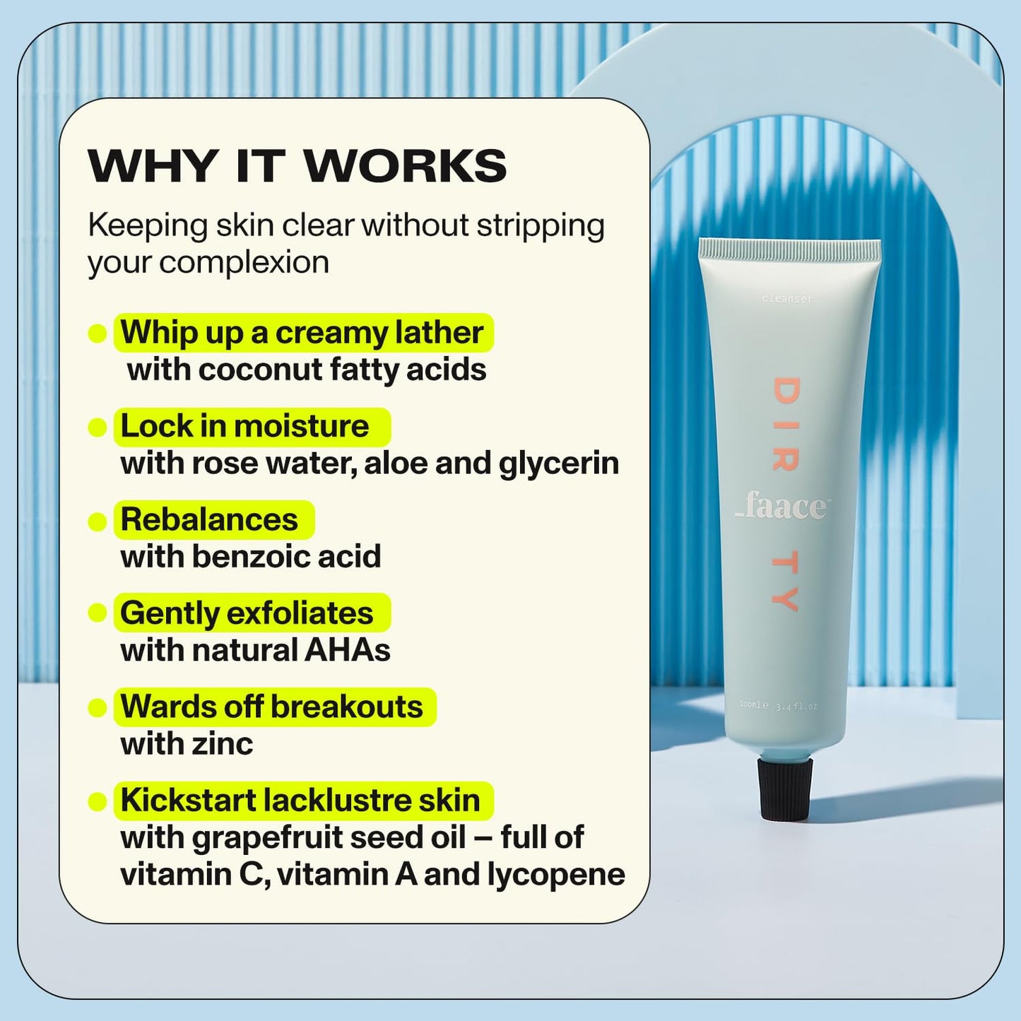 Faace Dirty Rose Water Face Cleanser As Seen On Dragons Den - Creamy Gel Purifies, Soothes, & Exfoliates to Fight Acne - Made in UK - Vegan & Organic Skincare - 100 ml