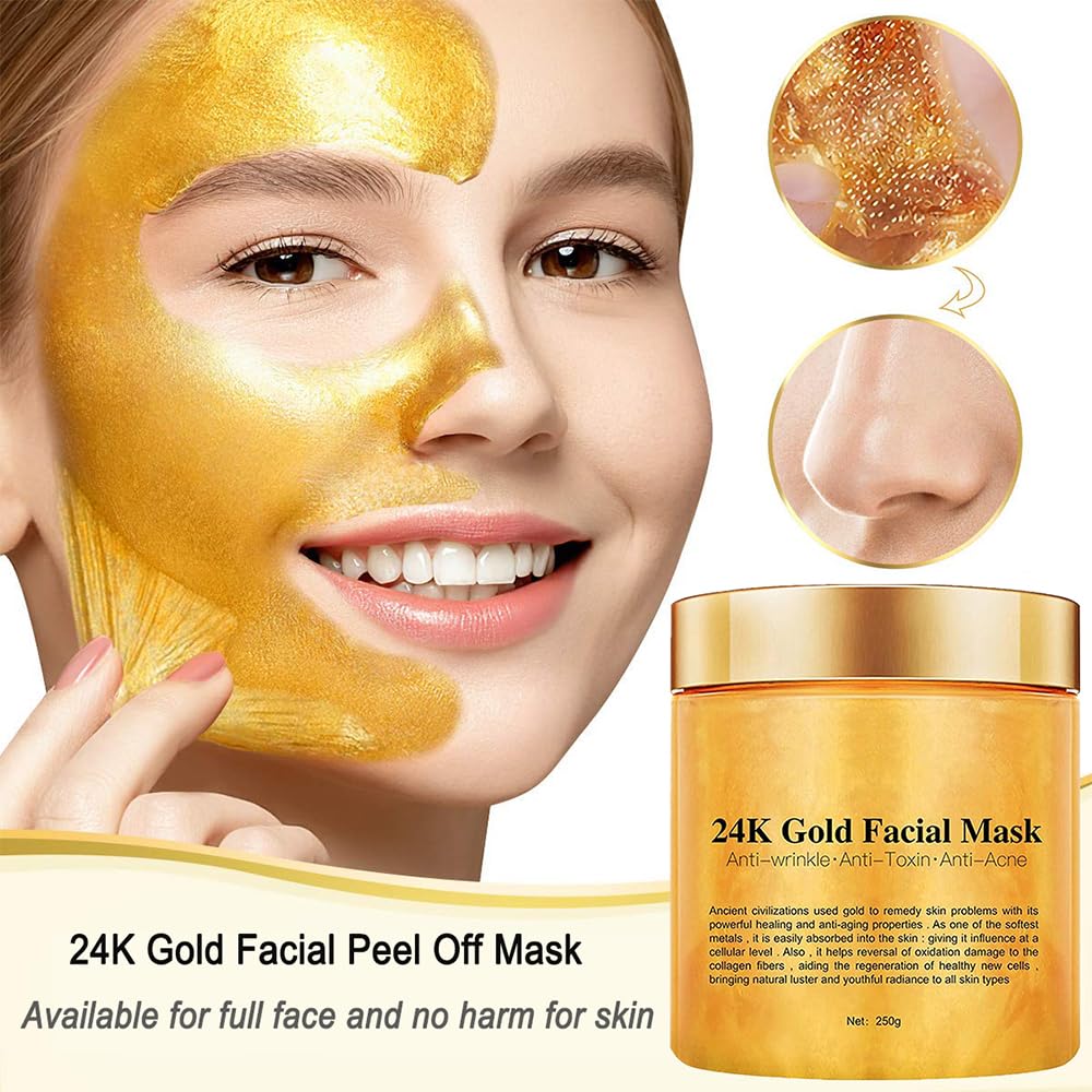 Chenkxin 24K Gold Facial Mask, Gold Peel Off Mask, Rejuvenating Collagen Face Mask For Flawless Skin, Reduces Fine Lines & Wrinkles, Clears Acne, Minimizes Pores, Moisturizes & Firms Up Your Skin, 250g