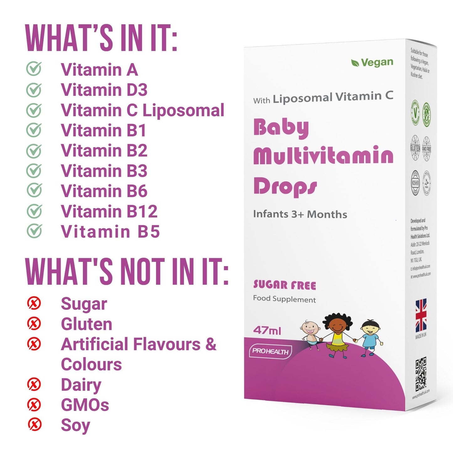 PROHEALTH ProHealth Vegan Multivitamin Drops for Infants & Kids (Age 3 Months+) | 9 Essential Vitamins with Liposomal Vitamin C, Mango Flavour | Sugar-Free, Non-GMO, Gluten-Free, Made in UK (55 Days Supply)