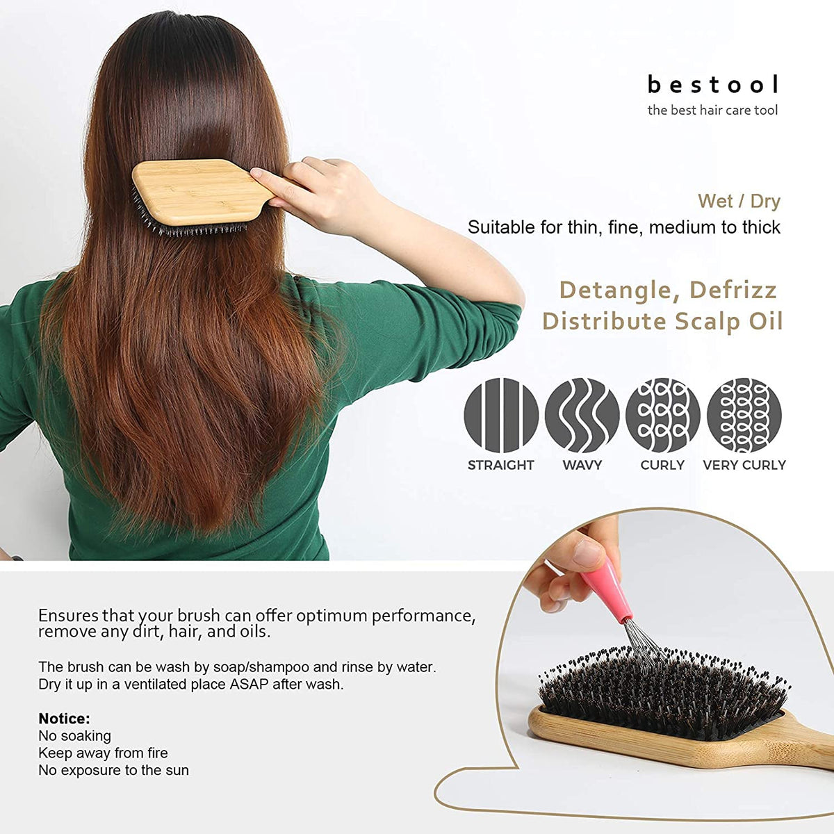 BESTOOL Hair Brush, Boar Bristle Hair Brushes for Women men Kid, Boar & Nylon Bristle Brush for Wet/Dry Hair Smoothing Massaging Detangling, Everyday Brush Enhance Shine & Health (Square)