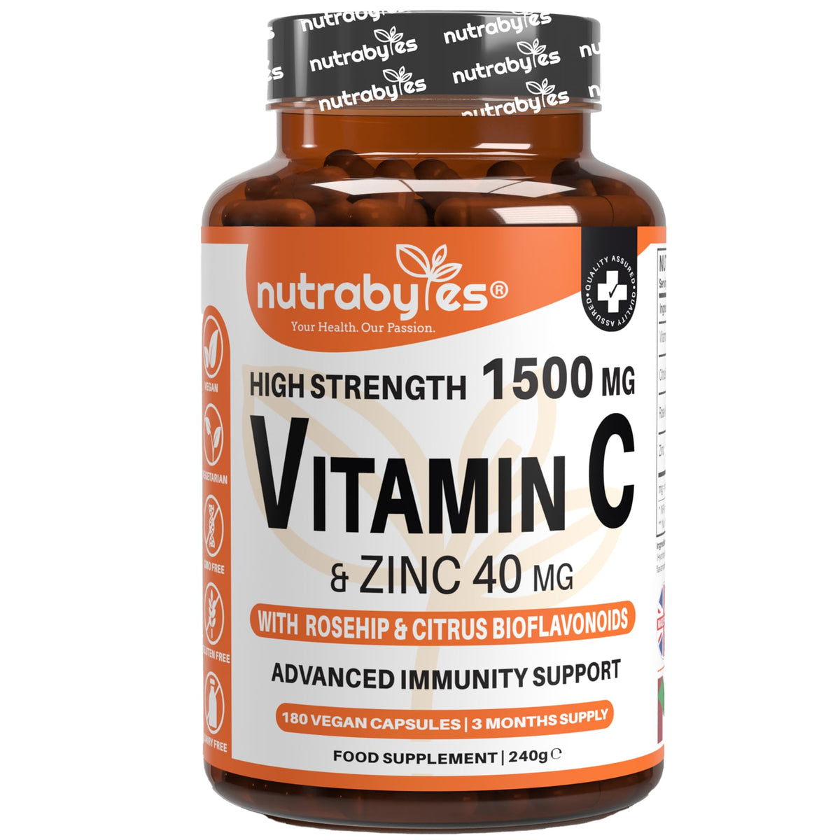 NUTRABYTES Nutrabytes High Strength 1,500mg Vitamin C & 40mg Zinc Supplement, 180 Capsules | Advanced Immune Support with Zinc, Rosehip & Citrus Bioflavonoids | 3 Months | Vegan Capsules | UK Made