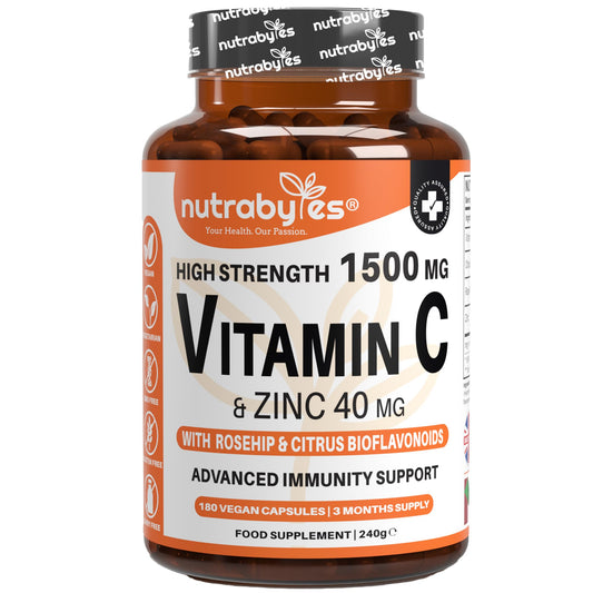NUTRABYTES Nutrabytes High Strength 1,500mg Vitamin C & 40mg Zinc Supplement, 180 Capsules | Advanced Immune Support with Zinc, Rosehip & Citrus Bioflavonoids | 3 Months | Vegan Capsules | UK Made