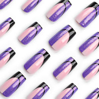 Ceboic 24Pcs Square Press on Nails - Medium Length Black Purple Tip with Glue Stickers, Elegant Acrylic Full Cover for Women Girls