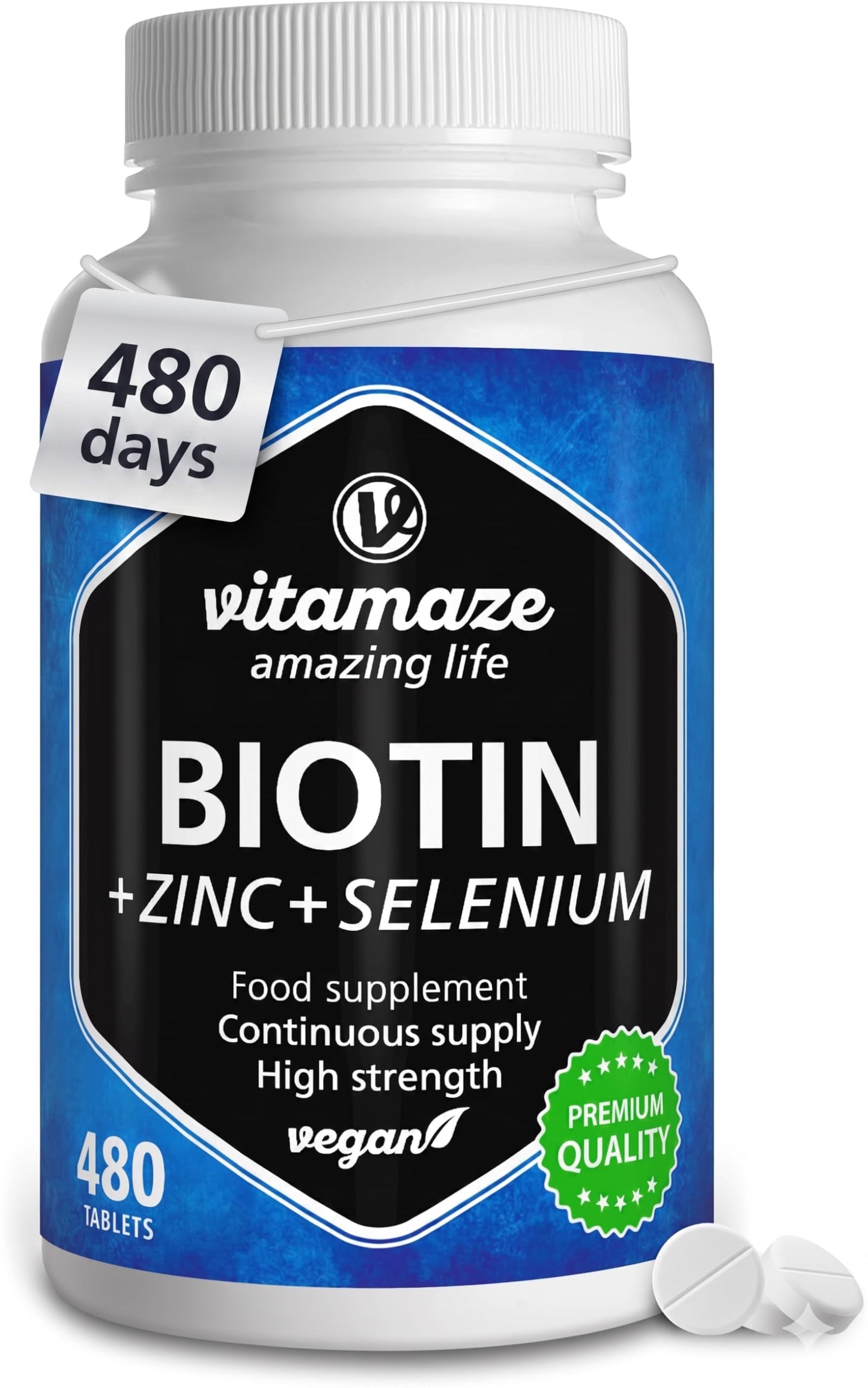Vitamaze - amazing life Biotin Hair Growth 480 Tablets (+1 Year Supply) with Selenium + Zinc. Biotin 10.000mcg for Hair Growth, Skin and Nails Nourishment, Vegan Small Tablets, German Quality, Vitamaze®