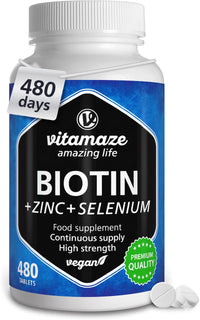 Vitamaze - amazing life Biotin Hair Growth 480 Tablets (+1 Year Supply) with Selenium + Zinc. Biotin 10.000mcg for Hair Growth, Skin and Nails Nourishment, Vegan Small Tablets, German Quality, Vitamaze®