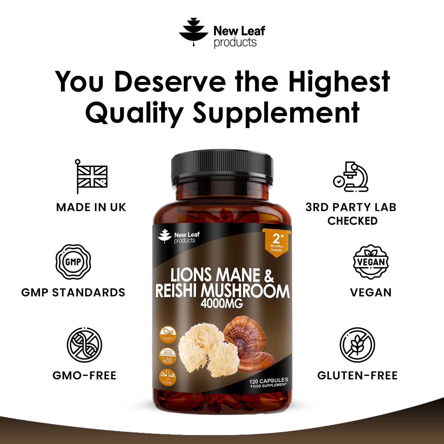 Lions Mane & Reishi Mushroom Capsules - High Strength 4000mg Lions Mane Supplement with Reishi - 120 Vegan Lions Mane Mushroom Powder + Reishi Mushroom Capsules - Made in UK by New Leaf