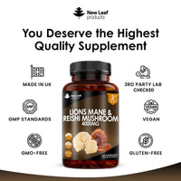 Lions Mane & Reishi Mushroom Capsules - High Strength 4000mg Lions Mane Supplement with Reishi - 120 Vegan Lions Mane Mushroom Powder + Reishi Mushroom Capsules - Made in UK by New Leaf