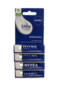 NIVEA Lip Balm Original Care Pack of 4 (4 x 4.8g) Protective Lip Moisturiser with Shea Butter and Natural Oils, Caring Lip Balm for 24h Moisture Care, Lip Care with Melt-In Formula