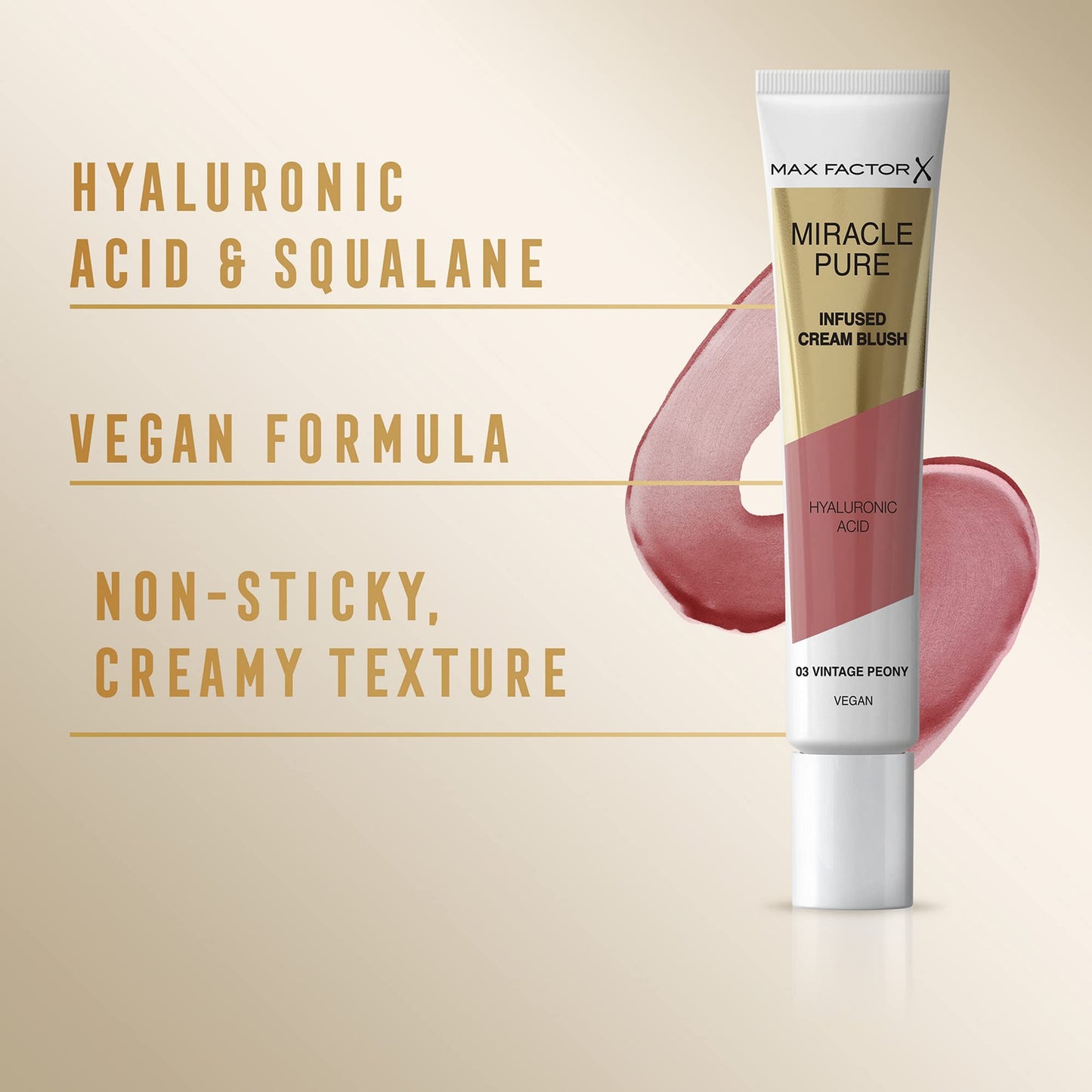 Max Factor Miracle Pure Cream Blush 03 Vintage Peony, Moisturising, Plumps & Hydrates, Buildable Glow, Infused with Hyaluronic Acid & Squalene, Fresh & Healthy Looking Skin, 100% Vegan