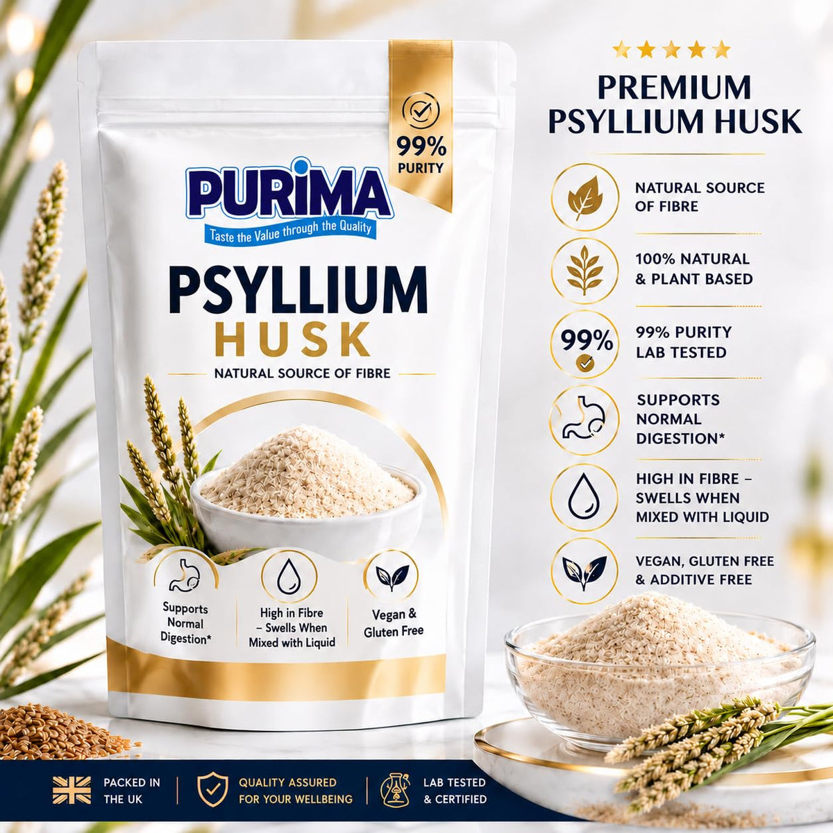 PURIMA Psyllium Husk 500g – 99% Purity Blond Whole Husks Flakes Bulk Soluble Natural Fibre for Baking Drinks Food Humans Eat Gut Laxatives Constipation Relief Digestive Aid Ispaghula Isabgol