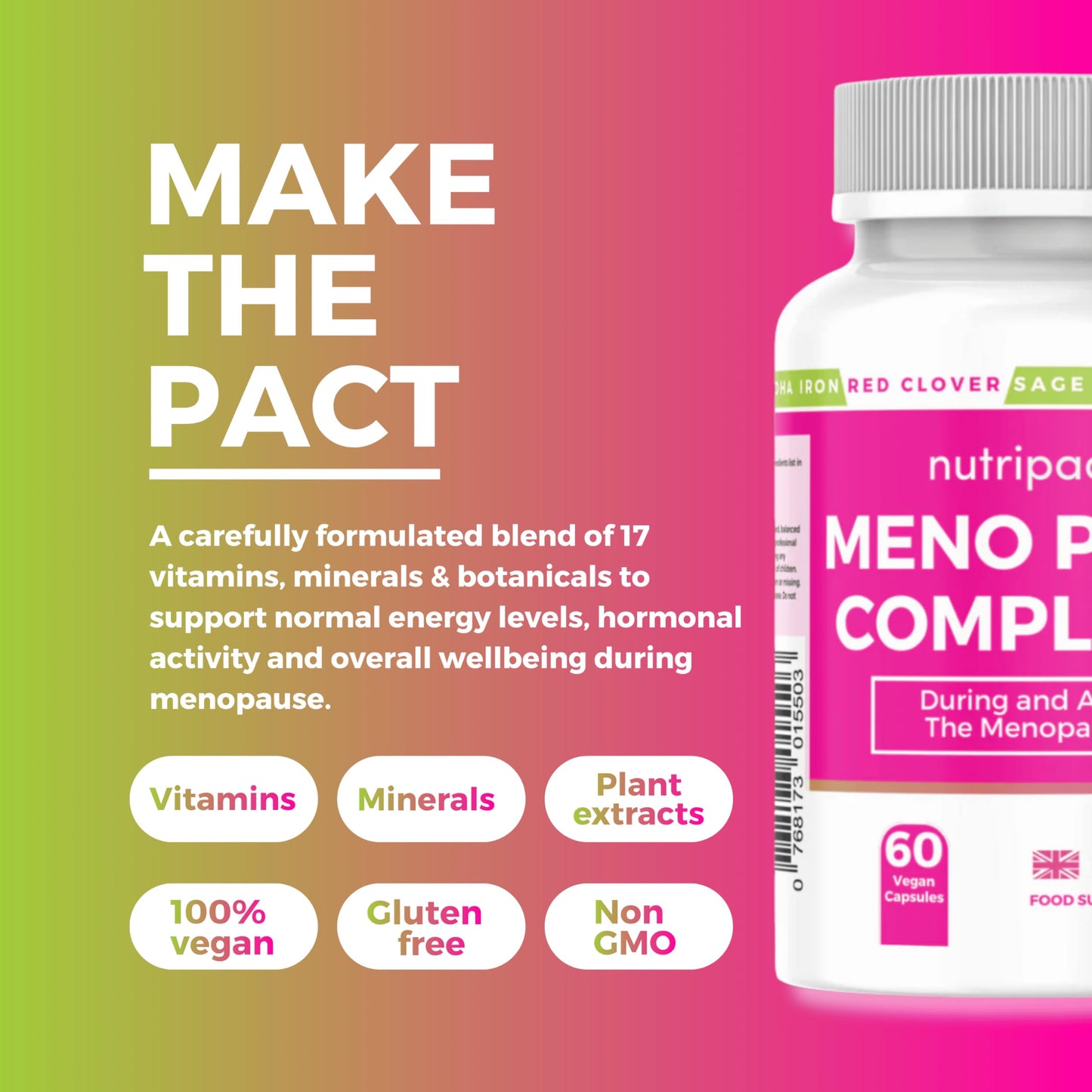 nutripact Red Clover Menopause & Perimenopause Support Supplement 17-in-1 High Strength Complex with Magnesium Ashwagandha, Sage, Maca, Vitamins, Minerals – 60 Vegan Capsules – Meno Pact Complete by Nutripact