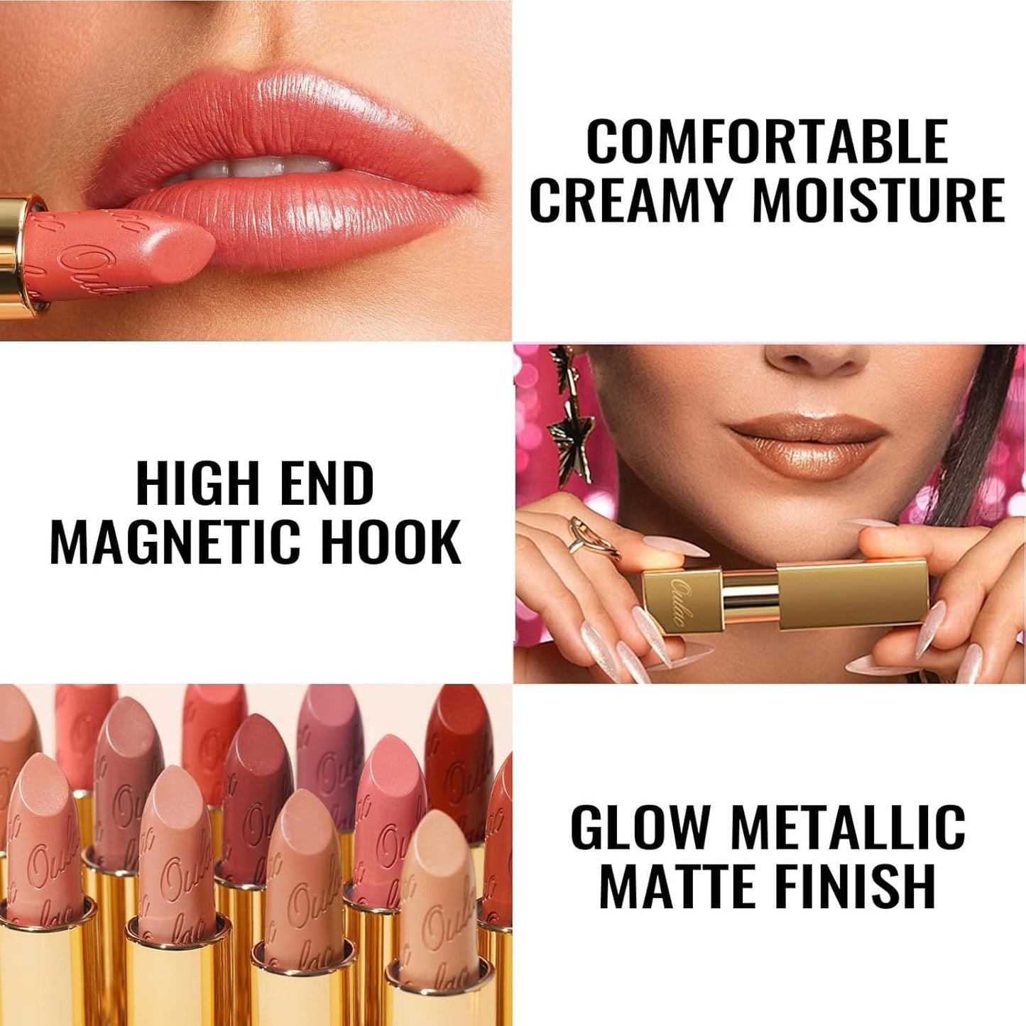 Oulac OULAC Glow Metallic Shine Lipstick, Nude High Impact Lipcolor, Lightweight Soft and Ultra Hydrating, Long Lasting, Vegan & Cruelty-Free, Full Coverage Lip Color 4.3 g/0.15 GM01 Serene