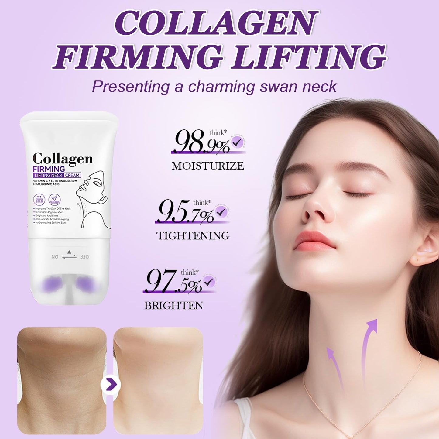 Ledeak Neck Creams for Firming Roller, Moisturizing Collagen Neck Tightening Cream, Anti Aging Lifting Body Moisturizer with Roller, Anti Wrinkle Collagens Neckcream, Reduces Wrinkles & Double Chin