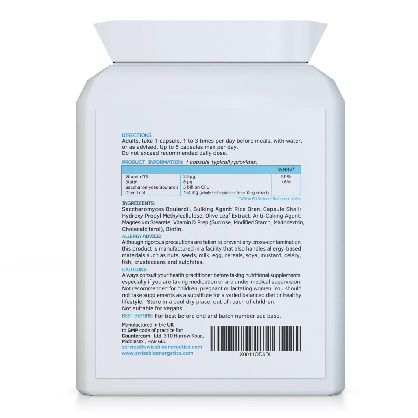 swiss bioenergetics Saccharomyces Boulardii 5 Billion CFU 90 Capsules - No Refrigeration Required - High Strength Non-Colonising Yeast with synergistic Olive Leaf, Biotin and Vitamin D3