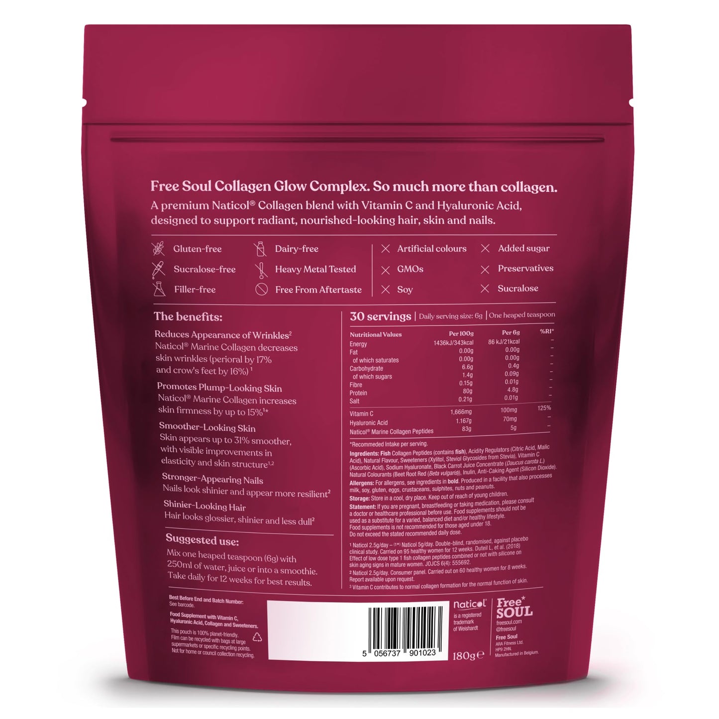 Marine Collagen Powder | Clinically Proven Collagen Supplement for Women with Hyaluronic Acid & Vitamin C | 100% Type I Hydrolysed Collagen Peptides for Hair, Skin & Nails | Collagen Glow by Free Soul
