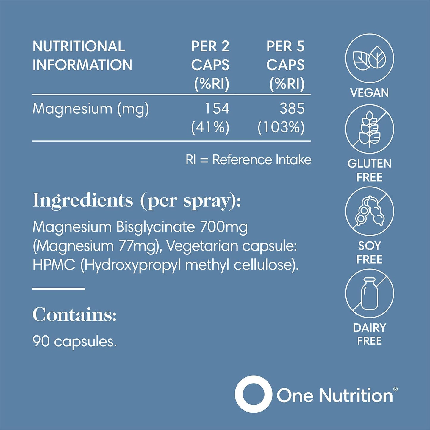Pure Magnesium Bisglycinate by One Nutrition | High Absorption Magnesium for Sleep, Stress, Heart & Energy Support | 700mg per Capsule | 90 Capsules | 2-Month Supply