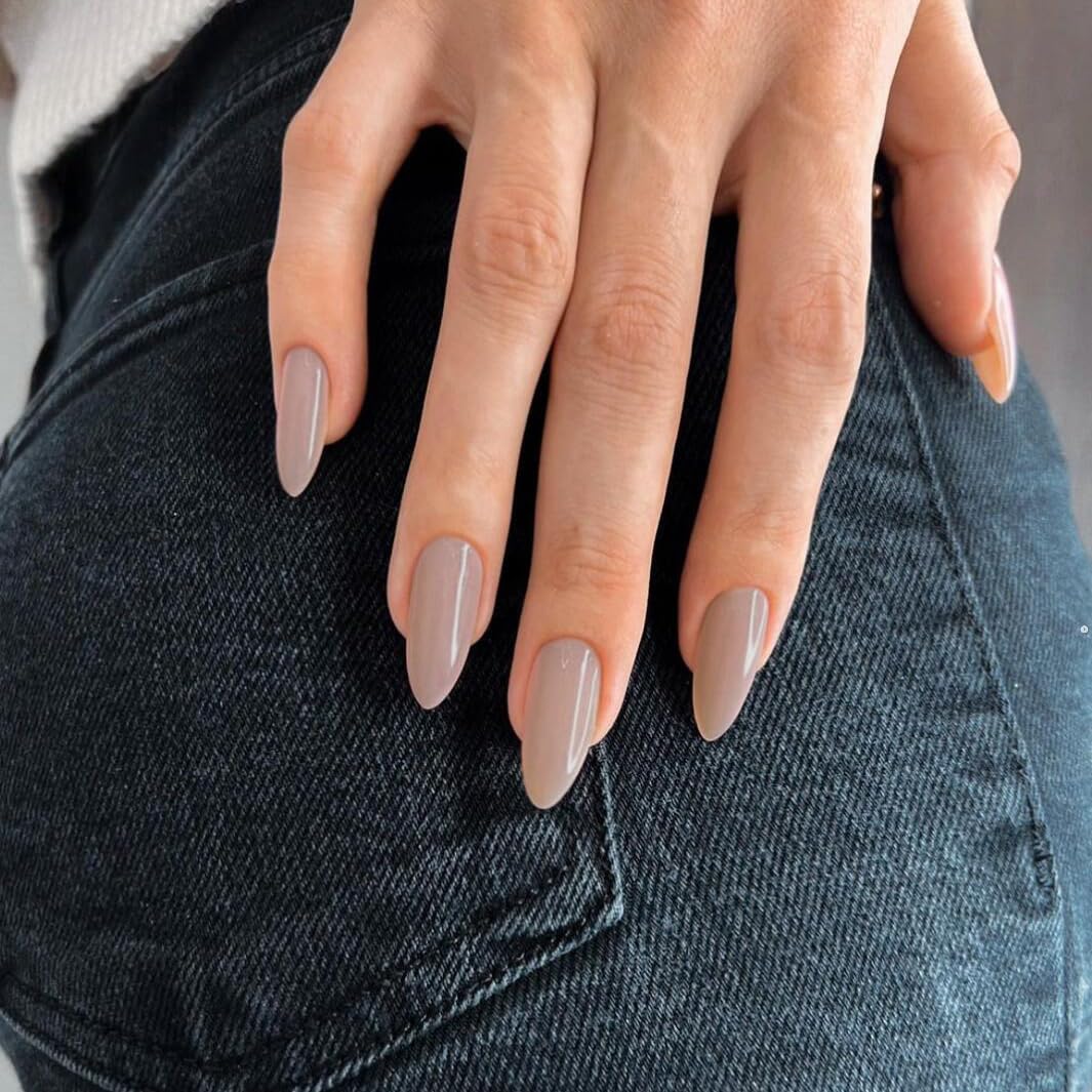 SXVME Khaki Grey Press on Nails Medium Stiletto Almond, Pure Nude False Nails Set Reusable Fake Nails with Feature Protective UV Coating for Women Nail Art Manicure in 24PCS