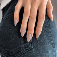 SXVME Khaki Grey Press on Nails Medium Stiletto Almond, Pure Nude False Nails Set Reusable Fake Nails with Feature Protective UV Coating for Women Nail Art Manicure in 24PCS