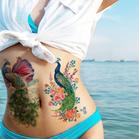 Nirbffo Large Temporary Tattoos Peacock Flowers Legs Arm Belly Back Waterproof Sticker 4 Sheets