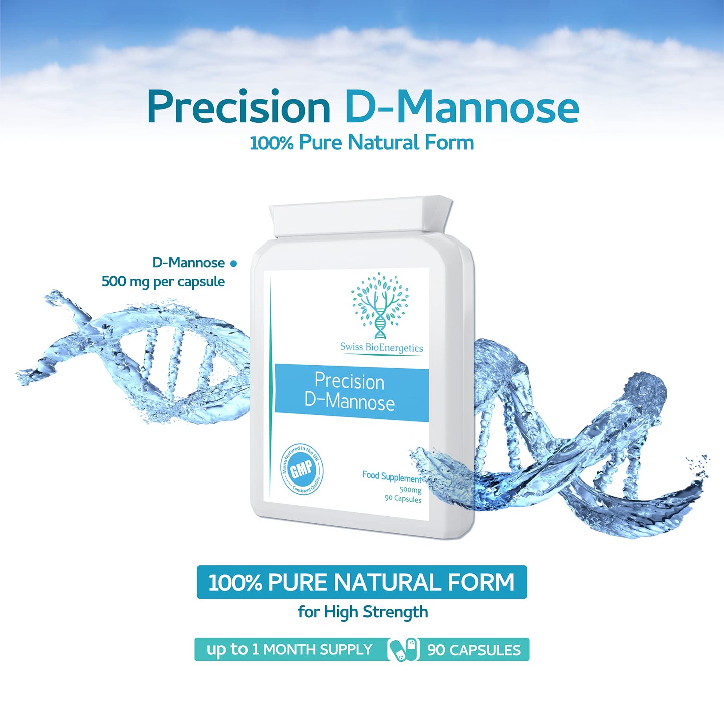 swiss bioenergetics Precision D-Mannose 500mg 90 Capsules - 100% Pure Natural Form