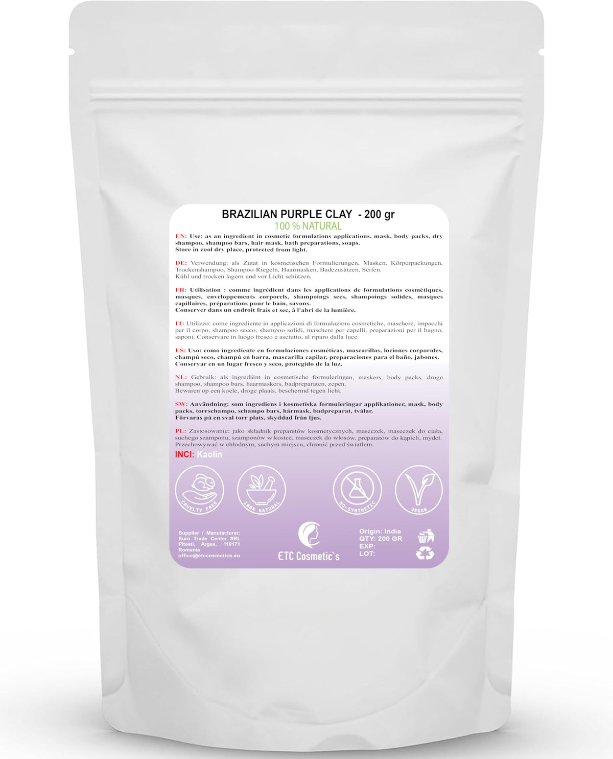 ETC Cosmetic`s Brazilian Purple clay - 200 gr - DIY Face Masks, Body Mask, Hair Mask, Soft Peels and Scrubs, Soap Making, Anti-Ageing & Skin firming, Natural And Chemical Free