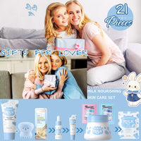 Cureluxe 21pcs Milk Skin Care Sets & Kits - Milk Beauty Gifts for Teenage Girls - Nourish Skin Pamper Gifts for Women Kit with Cleanser,Eyecream,Cream,Serum,Scrub,Mask,Brush,Headband,Lovely Greet Card