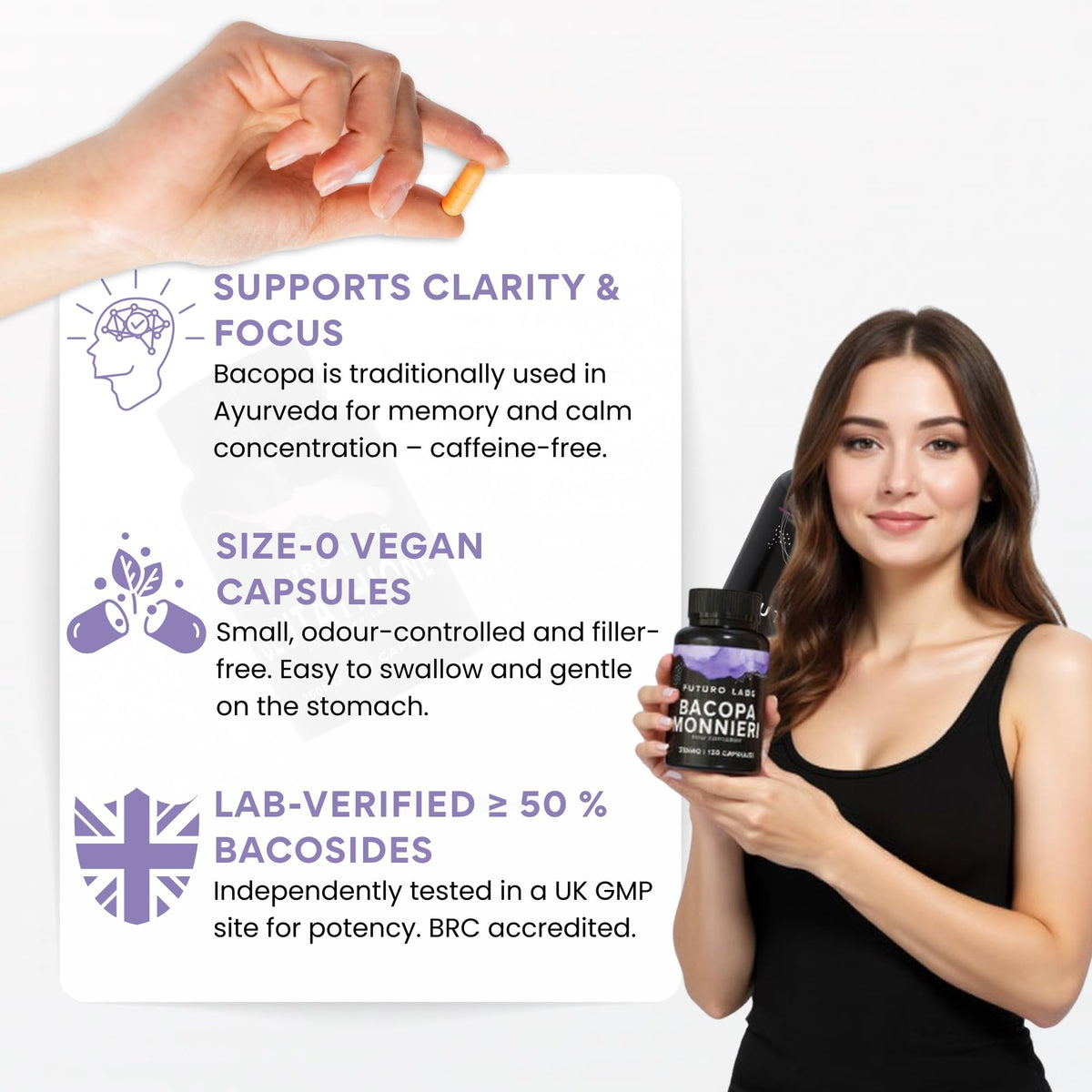 Futuro Labs Bacopa Monnieri Capsules 350mg - Brain/Memory Supplements - Made in The UK - 4 Month Supply - Vegan, Non-GMO, Gluten-Free. Natural Ayuverdic Supplement Bacopa Extract