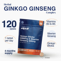 Zipvit Ginkgo Biloba 6000mg & Siberian Ginseng 600mg with Vitamins B3 & B5 Pouch, 120 Vegan Tablets, Supports Energy & Mental Performance, 4 Month Supply