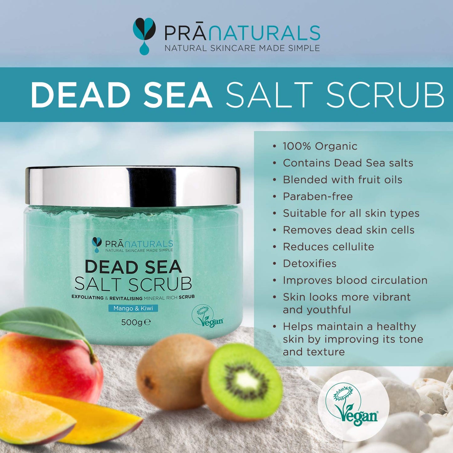 PraNaturals Dead Sea Salt Scrub, 100% Nourishing & Exfoliating, Mineral Rich Smooths Brightens & Moisturizes Skin, Enriched with Mango & Kiwi Scent (2x 500g)